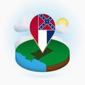 Isometric round map of US state Mississippi and point marker with flag of Mississippi. Cloud and sun on background