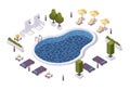 Isometric round pool with outdoor shower, lounger chairs, sunbeds with tables, umbrellas in a hotel or aquapark, villa or cruise