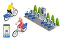 Isometric row of bicycles parked. Blue bicycles stand on a parking for rent. Healthy Lifestyle Outdoor. Bicycle