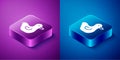 Isometric Rubber duck icon isolated on blue and purple background. Square button. Vector