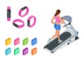 Isometric running on a treadmill and fitness bracelet or tracker isolated on white. Sports accessories, a wristband with Royalty Free Stock Photo