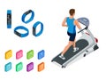 Isometric running on a treadmill and fitness bracelet or tracker isolated on white. Sports accessories, a wristband with Royalty Free Stock Photo