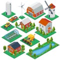 Isometric rural buildings and cottages. 3d tractor