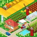 Isometric Rural Farm Agricultural Field with Greenhouse and Windmill