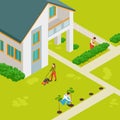 Isometric rural house and gardeners vector concept