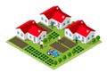 Isometric rural rustic farm with flowers and the beds