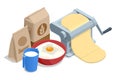 Isometric rye or wheat flour, dough sheeting machine, milk, egg. Bakery, rustic traditional food concept.