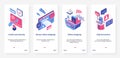 Isometric safe online shopping, security UX, UI onboarding mobile app page screen set