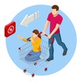 Isometric sale, seasonal discounts in shopping stores, discount time. Concept of sell or buy