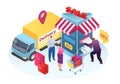 Isometric sale in shop store service, business mobile delivery vector illustration. Phone online customer payment