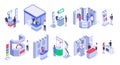 Isometric sale stands. Expo demonstration stand, product exhibition trade stalls and events people 3d vector set