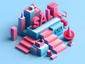 Isometric Sale Text Display with Geometric Shapes and Striking Color Scheme generative ai