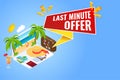 Isometric Sale Timer tag. Sale banner or Promotion. Red Last Minute Offer button sign, Bag, passport, camera, tickets