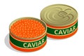 Isometric Salmon Red Caviar. Iron Can with Red Salmon Caviar. Raw seafood. Luxury delicacy food. Caviar in open metal Royalty Free Stock Photo