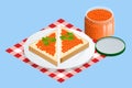 Isometric Salmon Red Caviar. Rye bread with butter and red caviar with lemon and dill as a sandwich. Raw seafood. Luxury