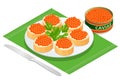 Isometric Salmon Red Caviar. Rye bread with butter and red caviar with lemon and dill as a sandwich. Raw seafood. Luxury