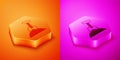 Isometric Sandbox with sand and shovel icon isolated on orange and pink background. Hexagon button. Vector Royalty Free Stock Photo