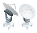 Isometric Satellite dish antennas on white. Wireless communication equipments