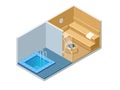 Isometric Sauna interior and cold pool. Empty Finnish Sauna, classic wooden sauna. Wooden benches and loungers