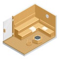 Isometric Sauna interior. Finnish sauna, classic wooden sauna. Wooden benches and loungers accessories for sauna, spa Royalty Free Stock Photo