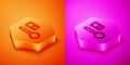 Isometric Sauna thermometer icon isolated on orange and pink background. Sauna and bath equipment. Hexagon button