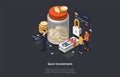 Isometric save investment concept. Large jar of coins, business people and credit card with reliable protection. Secure