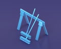 Isometric saw horse with brooms on blue background, single color workshop tool, 3d rendering