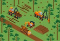 Isometric sawmill concept with woodsorking machinery in forest vector