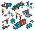 Isometric Sawmill Lumberjack Color Icon Set