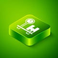 Isometric Scale with cardboard box icon isolated on green background. Logistic and delivery. Weight of delivery package Royalty Free Stock Photo