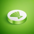 Isometric Scallop sea shell icon isolated on green background. Seashell sign. White circle button. Vector.