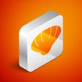 Isometric Scallop sea shell icon isolated on orange background. Seashell sign. Silver square button. Vector.