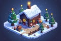 Isometric scene with Christmas decoration, hous and christmas trees