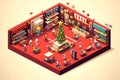 Isometric scene with Christmas decoration and christmas tree