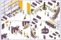 Isometric scenes with airport people and objects. 3d information desk, check-in counter and machine, security check point