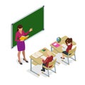 Isometric School children in classroom at lesson. Schoolroom for study. Teacher standing at chalkboard. Vector