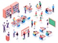 Isometric school. Childrens and teacher in classroom, students in schools library and education classroom vector 3d illustration