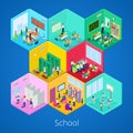 Isometric School Interior with Lecture Hall, Library, Dining Room and Classroom Royalty Free Stock Photo