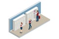 Isometric School lockers isolated in white background. Student in school at locker. White school metal locker with open