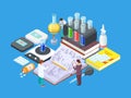 Isometric science lab. Vector medical research concept. Pharmaceutical industry, drug development Royalty Free Stock Photo