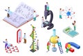 Isometric science set. Scientist and student with huge chemistry and physics lab equipment. Science laboratory education