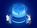 Isometric scientific development of Artificial Intelligence concept. Electric brain. Laboratory researching brain Royalty Free Stock Photo