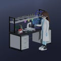 Isometric scientific laboratory equipment with the microscope and laboratory worker