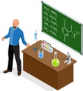 Isometric Scientist has performed a successful experiment in chemistry. Chemistry lesson making experiments. Laboratory