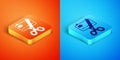 Isometric Scissors cutting a credit card icon isolated on orange and blue background. Online payment. Cash withdrawal