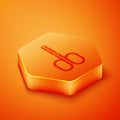 Isometric Scissors icon isolated on orange background. Cutting tool sign. Orange hexagon button. Vector Royalty Free Stock Photo