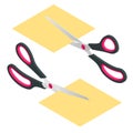 Isometric scissors with red and black plastic handle cutting white paper on a white background. Isolated cutting paper