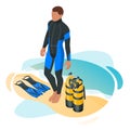Isometric Scuba Diver after the dive is beached. Man Scuba Diving Equipment Enjoying Beach Holiday. Underwater sport.