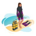 Isometric Scuba Diver after the dive is beached. Woman Scuba Diving Equipment Enjoying Beach Holiday. Underwater sport. Royalty Free Stock Photo