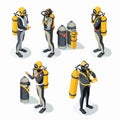 Isometric scuba divers various poses wearing diving suits, masks, fins, carrying oxygen tanks
